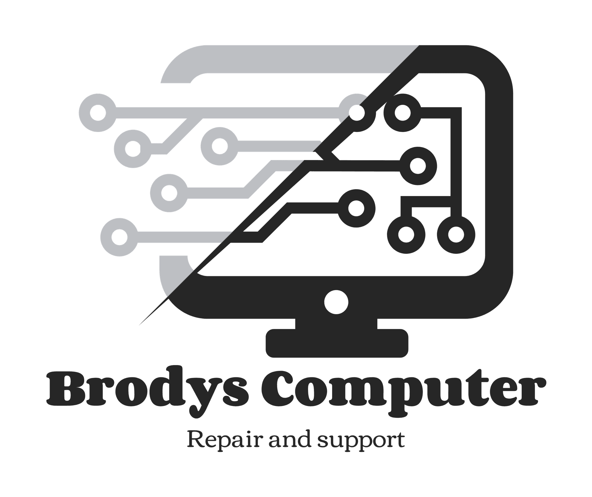 Logo of Brodys Computer Repair and Support featuring a stylized computer screen with electronic circuits.